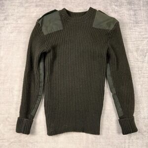 US Military Sweater Mens Small Green Wool Commando Elbow Patch Ribbed Epaulettes
